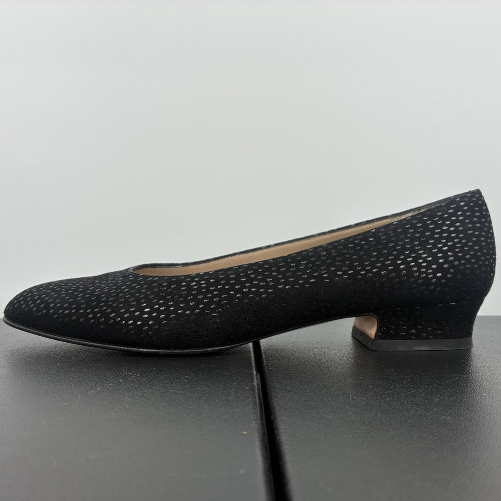 Salvatore Ferragamo Black Perforated Suede Low Heel Pumps, Italy, Size 7.5 AA